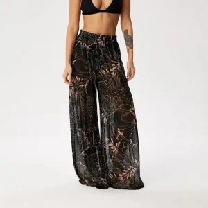 Coastal Floral Mesh Flare Pants - High Waist Beach Cover Up