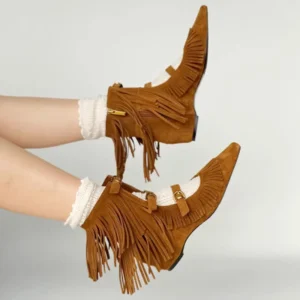 Boho Suede Fringe Ankle Boots with Tassel Straps - Festival & Everyday Western Street Style