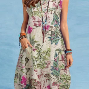 Boho Floral Print Knee-Length Dress - Sleeveless - Beach & Holiday Ready