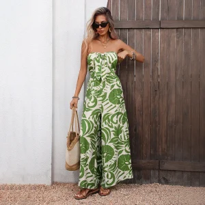 Boho Floral Wide-Leg Jumpsuit with Strapless Tube Top - Beach & Summer Vacation Ready