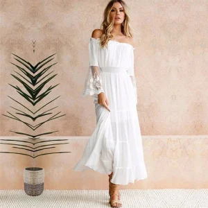 Off Shoulder Lace Flare Sleeve Midi Dress - Beach Vacation & Summer Wedding Ready