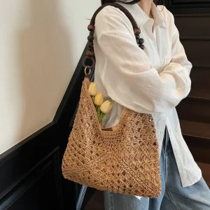 Slouchy Shoulder Bag - Hollow Woven Beach Tote for Resort Escapes