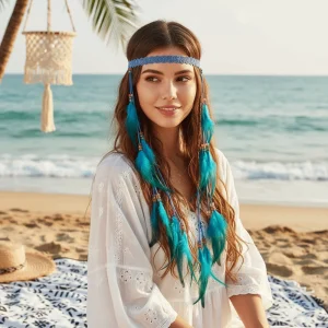 Dreamcatcher Feather Beaded Headband - Artisan Crochet Boho Hair Accessory for Festival & Beach Vacation Style
