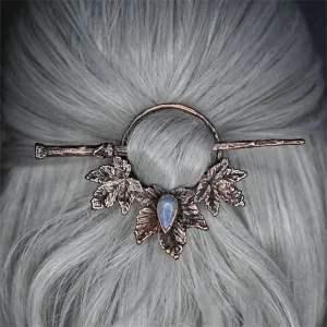 Retro Moonstone Viking Hair Stick with Maple Leaf Detail for Bohemian Weddings & Everyday Elegance