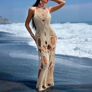 Hollow Out Crochet Halter Maxi Dress - Beach & Resort Ready