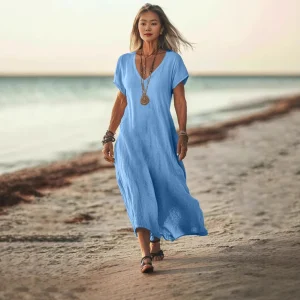 Linen Boho Dress with V Neck and Pockets - Beach Vacation Ready