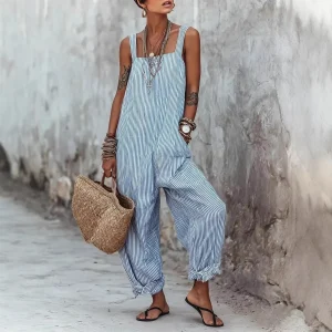 Striped Wide Leg Jumpsuit - High Waist Blue Summer Essential