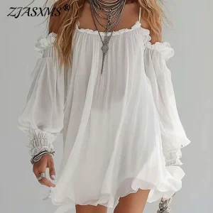 Boho Off Shoulder Mini Dress - Puff Sleeves and Ruffle Hem - Beach Ready