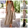 Cotton Blend A-Line Maxi Dress with V-Neck for Summer