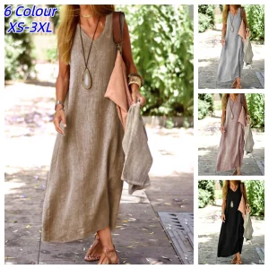 Cotton Blend A-Line Maxi Dress with V-Neck for Summer
