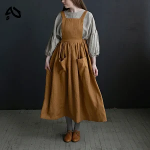 Vintage Cotton Linen Dress with Square Neckline - Summer & Resort Boho Style