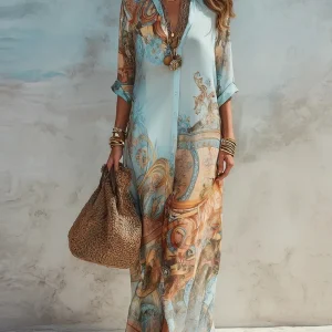 Boho Chiffon Shirt Maxi Dress - Vintage Print - Summer Getaways & Brunch