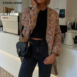 Boho Floral Quilted Jacket - Belted Midi Winter Outerwear