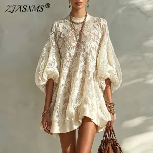 Floral Lace Mini Dress with Puff Sleeves - Beach Holiday & Brunch Ready