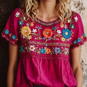 Boho Peasant Top with Colorful Floral Embroidery and Lace Patchwork - Everyday Summer Romance