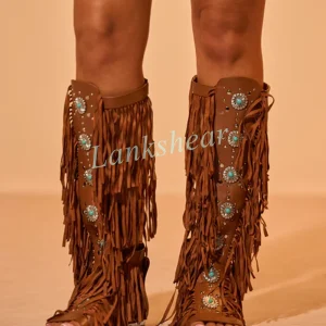 Western Fringe Knee High Sandal Boots with Tassel Trim - Festival & Vacation Ready Boho Cowgirl Style