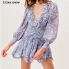 Brunch & Casual Blue Floral Chiffon Mini Dress with Ruffle Trim – Vacation & Weekend Ready
