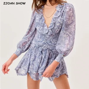 Brunch & Casual Blue Floral Chiffon Mini Dress with Ruffle Trim - Vacation & Weekend Ready