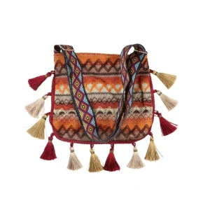 Fringe Crossbody Bag with Woven Geometric Detail - Travel & Everyday Bohemian Essential