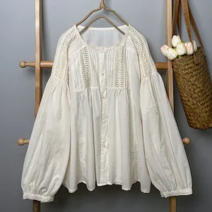 Vintage Crochet Puff Sleeve Blouse with Floral Hollow Embroidery - Boho Casual & Victorian Inspired Style
