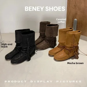 Boho Fringe Mid-Calf Boots with Woven Patchwork Details - Vintage Festival Western Style