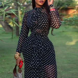 Boho High Neck Maxi Dress with Polka Dots - Wedding & Evening Ready