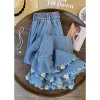 Boho Floral Embroidered Wide Leg Jeans – Light Wash Elastic Waist Denim Pants for Summer & Everyday Style