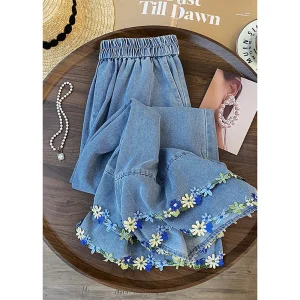 Boho Floral Embroidered Wide Leg Jeans – Light Wash Elastic Waist Denim Pants for Summer & Everyday Style