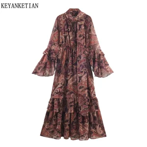 Boho Chiffon Tiered Midi Dress with Scarf Collar - Resort & Spring Occasion Style