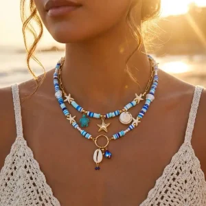 Vintage Boho Layered Shell Necklace - Blue Beads & Starfish Details