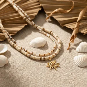 Layered Sun Pendant Necklace - Colorful Wooden Beads - Beach & Festival Boho