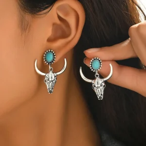 Boho Turquoise Bull Drop Earrings - Vintage Ethnic Statement Jewelry