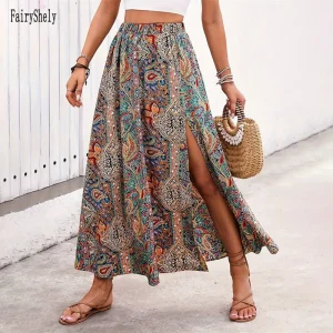 Vintage Bohemian Ethnic Print Pleated Midi Skirt with High Waist A-Line Silhouette - Office to Beach Ready Americana Style
