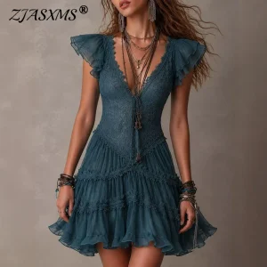 Boho Tiered Ruffle Mini Dress - Lace Up V Neck Summer Party Style