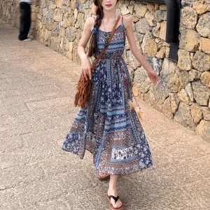 Vintage Printed Patchwork A-Line Dress for Vacation & Summer