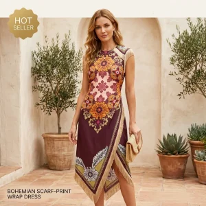 Boho Scarf Print Midi Dress - Asymmetrical Fringe Hem - Summer Holiday Ready