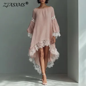 Brunch & Casual Lace High-Low Maxi Dress with Puff Sleeves - Holiday & Garden Party Ready