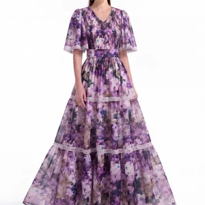 Floral Flutter Sleeve Maxi Dress - Layered Ruffles & Elastic Waist - Beach & Evening Ready