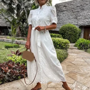 Boho Shirt Dress - Embroidered Cotton Linen Maxi for Beach Escapes