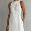 Boho Halter Lace Spliced Midi Dress with Hollow Out Detail – Beach Vacation Ready