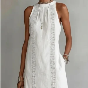 Boho Halter Lace Spliced Midi Dress with Hollow Out Detail - Beach Vacation Ready