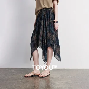 Retro Plaid Chiffon A-Line Skirt - Asymmetric Hem & Elastic Waist - Summer Ready