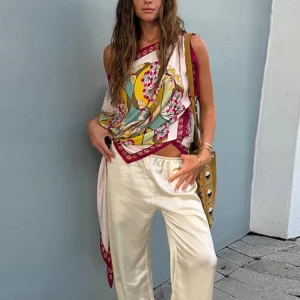 Boho Off Shoulder Satin Scarf Print Top with Asymmetrical Hem - Resort Vacation & Sunset Dinner Elegance