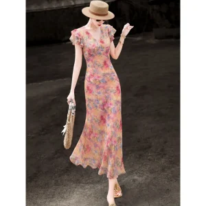 French Resort Chiffon Midi Dress with V-Neck & Ruffle Sleeves - Vacation & Wedding Guest Ready
