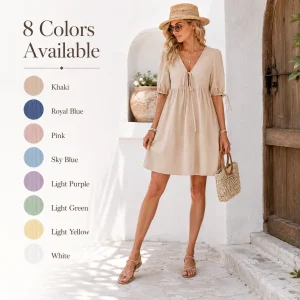 Boho Babydoll Dress Tie Front Cotton Linen Beach Escape