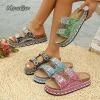 Boho Rhinestone Embroidered Platform Slides – Cork Insole – Summer Resort Style