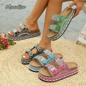 Boho Rhinestone Embroidered Platform Slides - Cork Insole - Summer Resort Style
