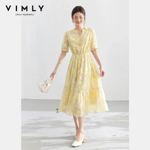Yellow Floral Midi Dress with Tiered Ruffle Skirt for Summer Brunch and Garden Parties