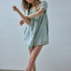 Denim Mini Romper – Lace-Up Square Neck Bubble Sleeve