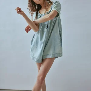Denim Mini Romper - Lace-Up Square Neck Bubble Sleeve